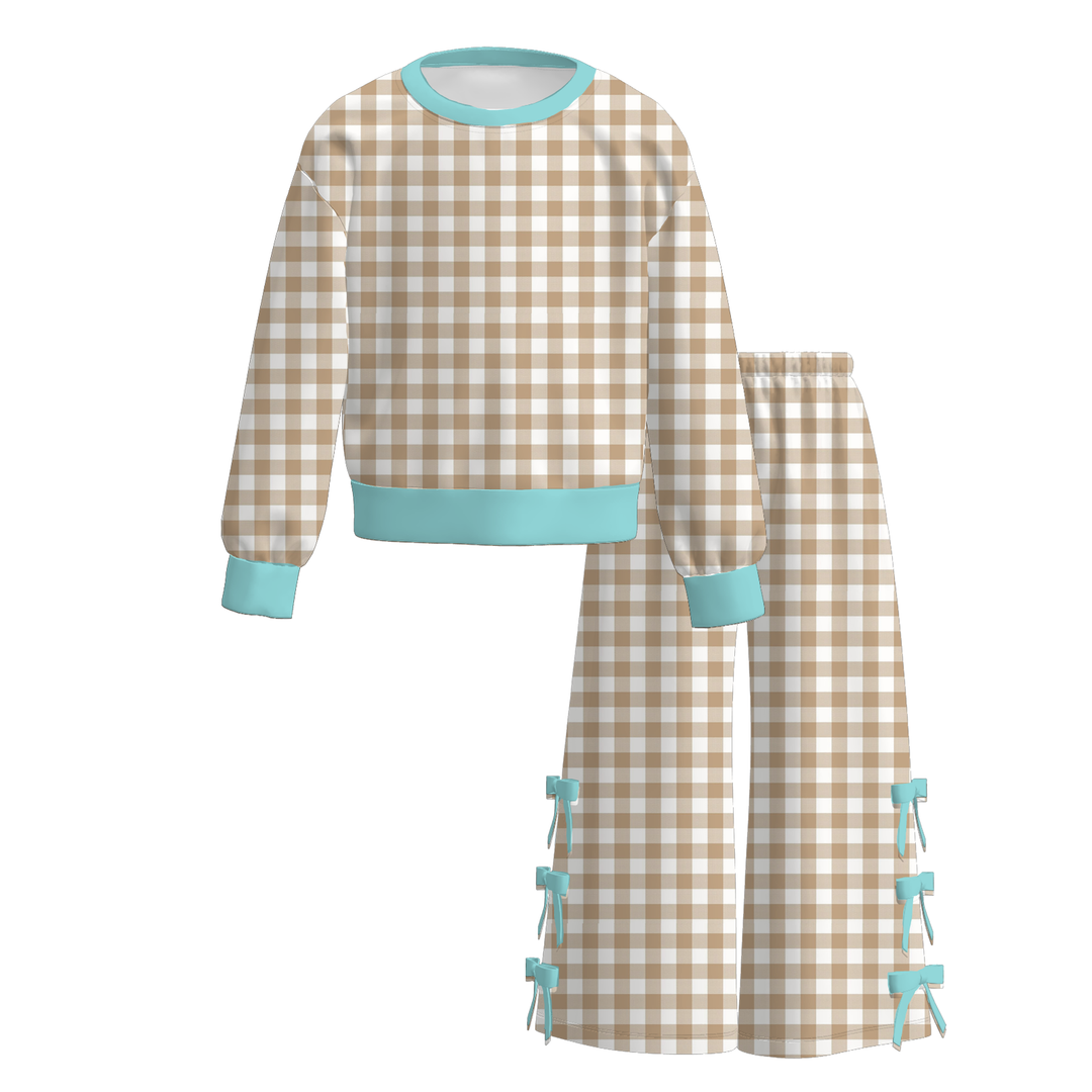 Girls Gingham Pullover Sweatshirt&Bowknot Bottom Pants