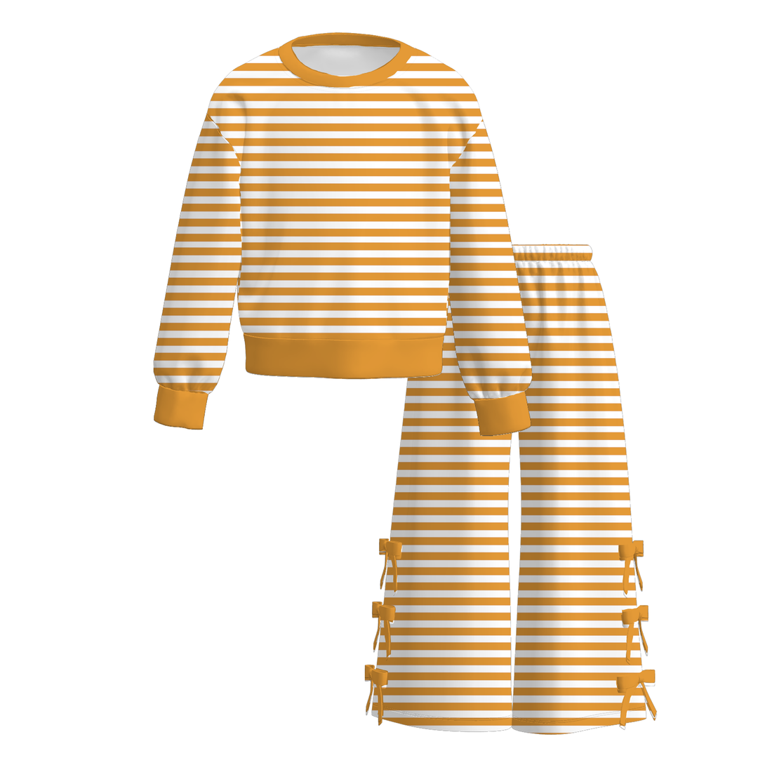 Girls Striped Pullover Sweatshirt&Bowknot Bottom Pants