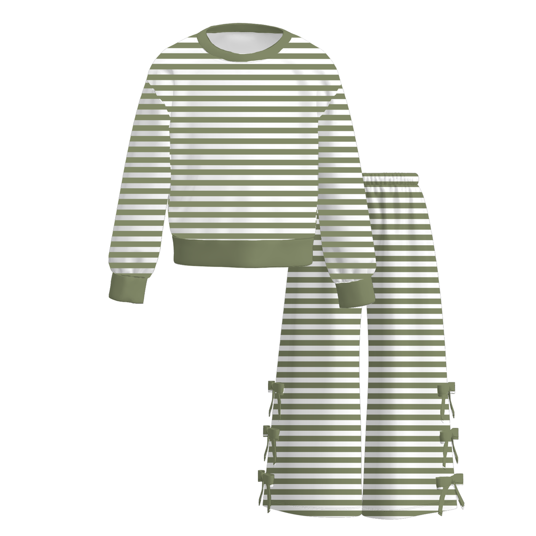 Girls Striped Pullover Sweatshirt&Bowknot Bottom Pants