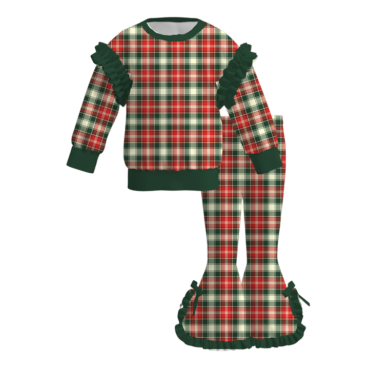 Girls Christmas Plaid Flutter Sleeve Sweatshirt & Ruffle Flare Pants 2PCS Outfit Set