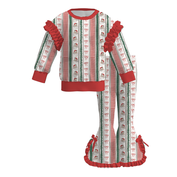 Girls Christmas Plaid Flutter Sleeve Sweatshirt & Ruffle Flare Pants 2PCS Outfit Set