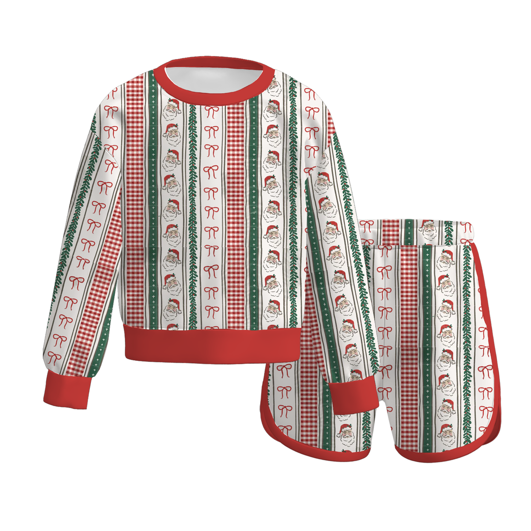 Christmas Santa Mixed Stripe Sweatshirt & Shorts 2PCS Loungewear Set