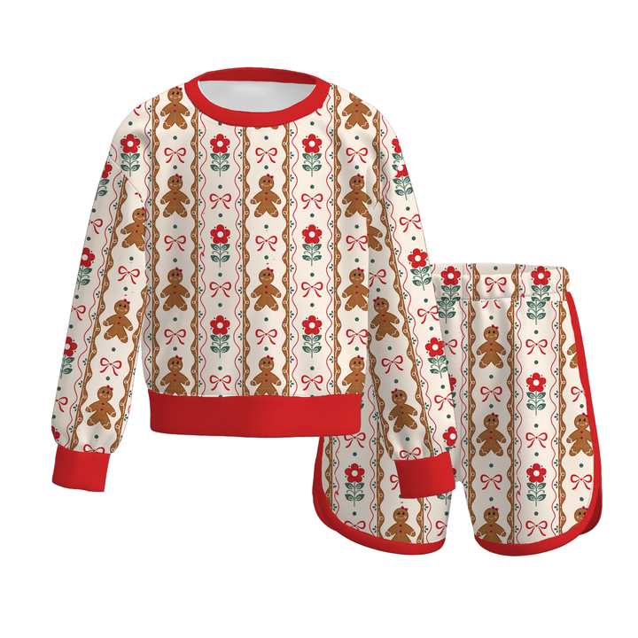 Christmas Santa Mixed Stripe Sweatshirt & Shorts 2PCS Loungewear Set