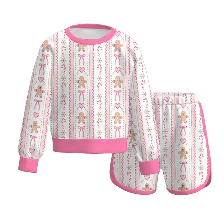 Christmas Santa Mixed Stripe Sweatshirt & Shorts 2PCS Loungewear Set