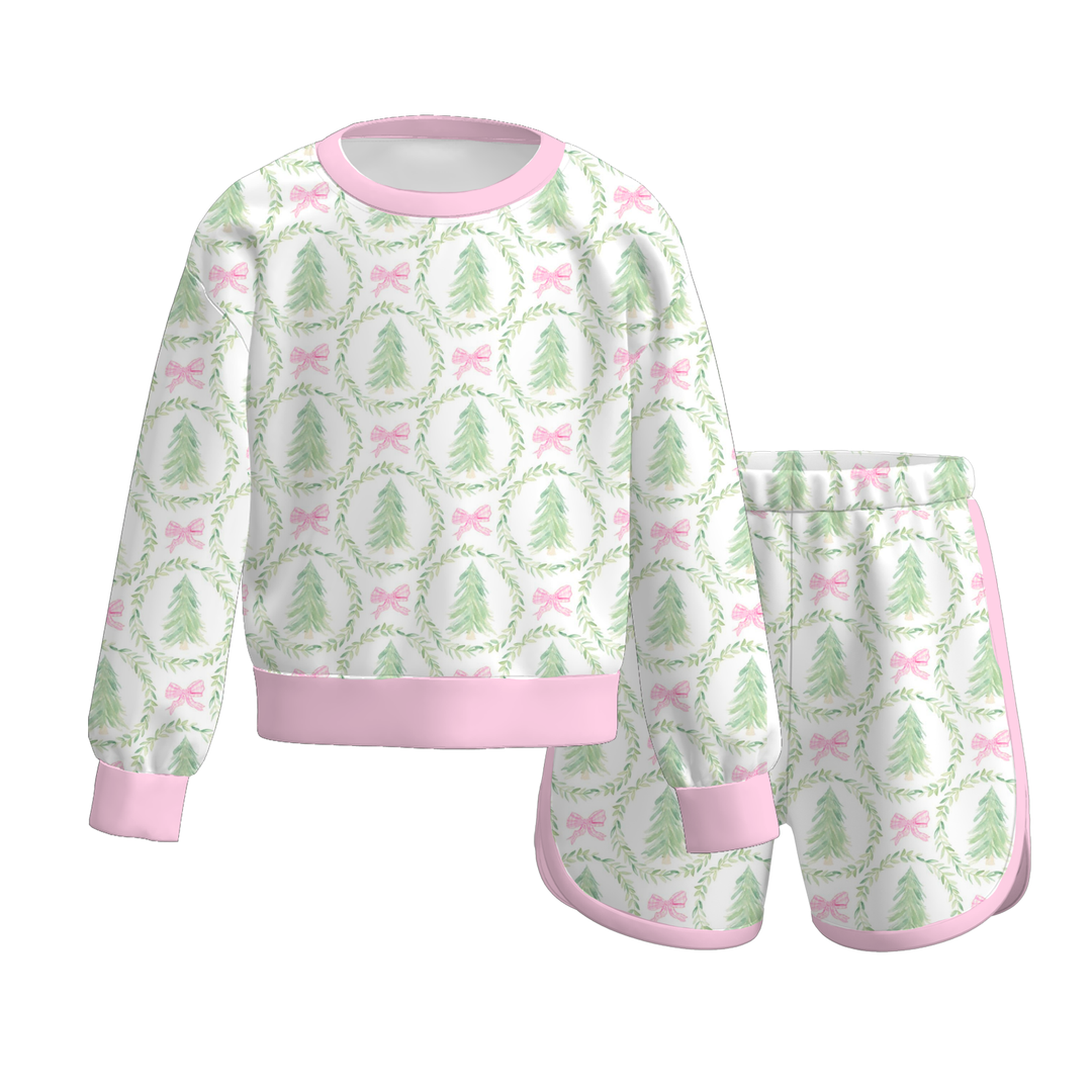 Christmas Santa Mixed Stripe Sweatshirt & Shorts 2PCS Loungewear Set