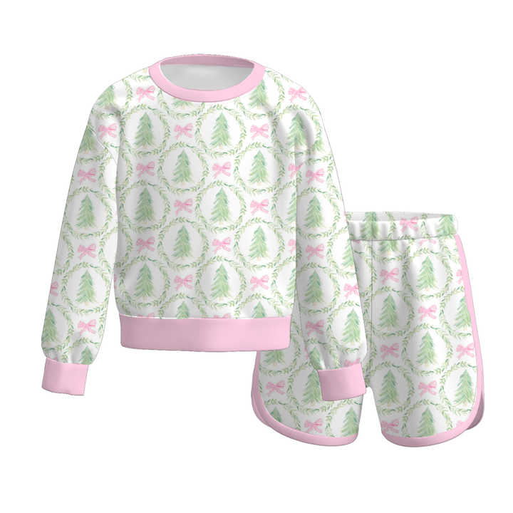 Christmas Santa Mixed Stripe Sweatshirt & Shorts 2PCS Loungewear Set