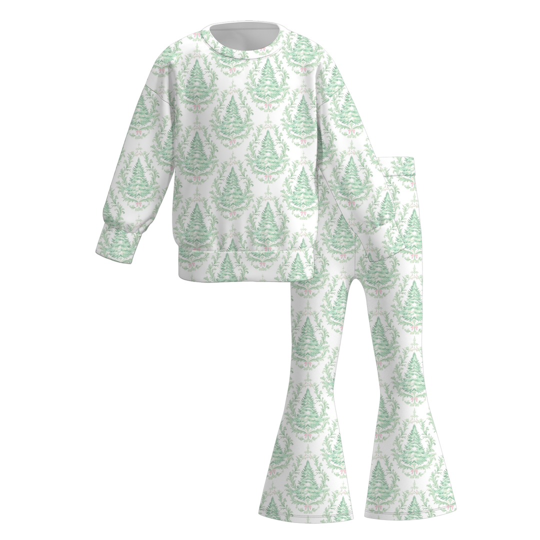 Girls Vintage Christmas Tree Print Sweatshirt & Flare Pants Set