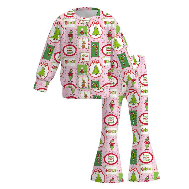 Girls Vintage Christmas Tree Print Sweatshirt & Flare Pants Set