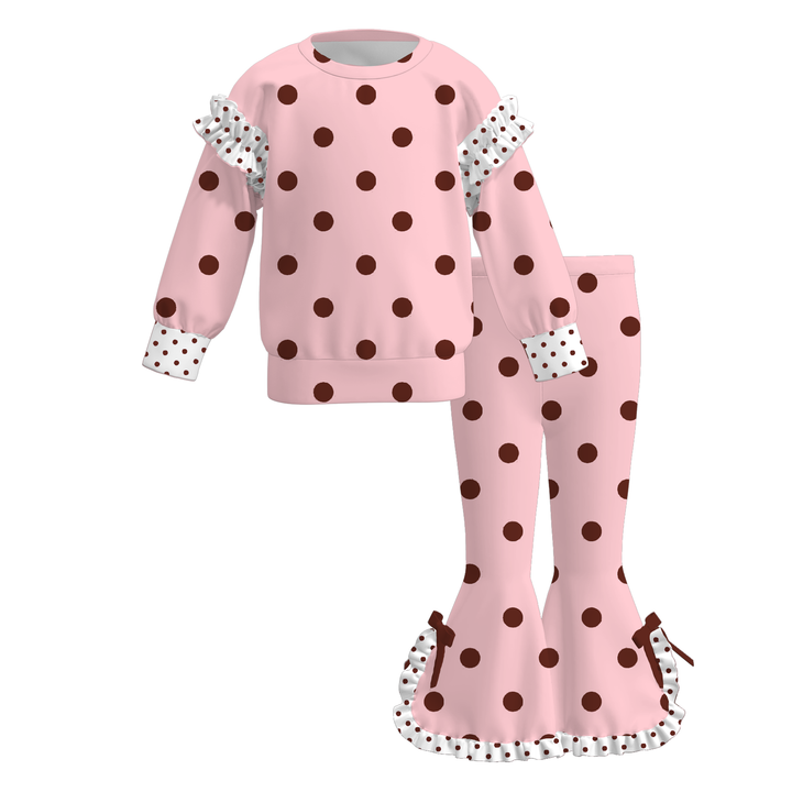 Girls' Polka-Dot Color-Block Ruffled Sweatshirt & Flare Bowknot Pants Set