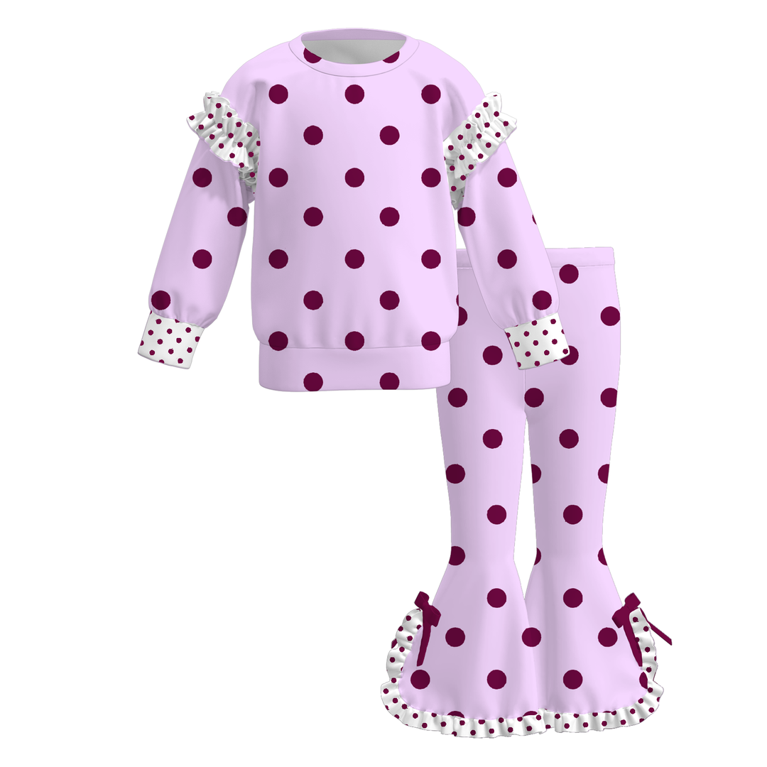 Girls' Polka-Dot Color-Block Ruffled Sweatshirt & Flare Bowknot Pants Set