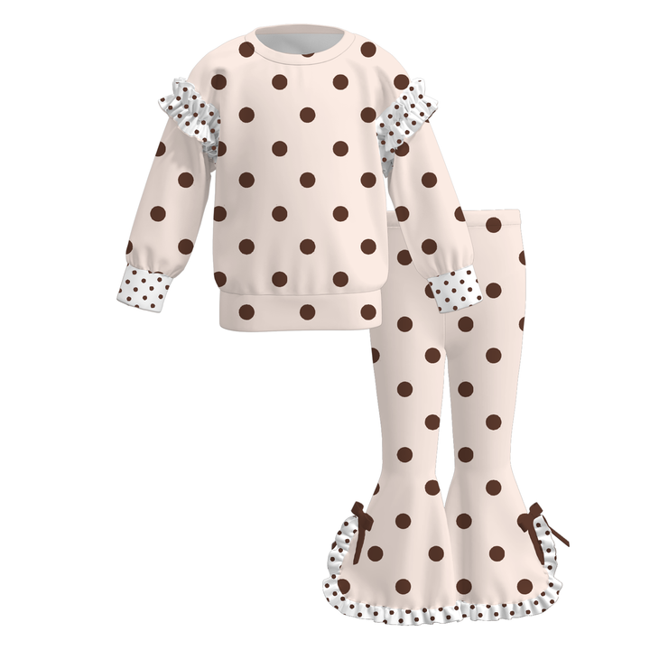 Girls' Polka-Dot Color-Block Ruffled Sweatshirt & Flare Bowknot Pants Set
