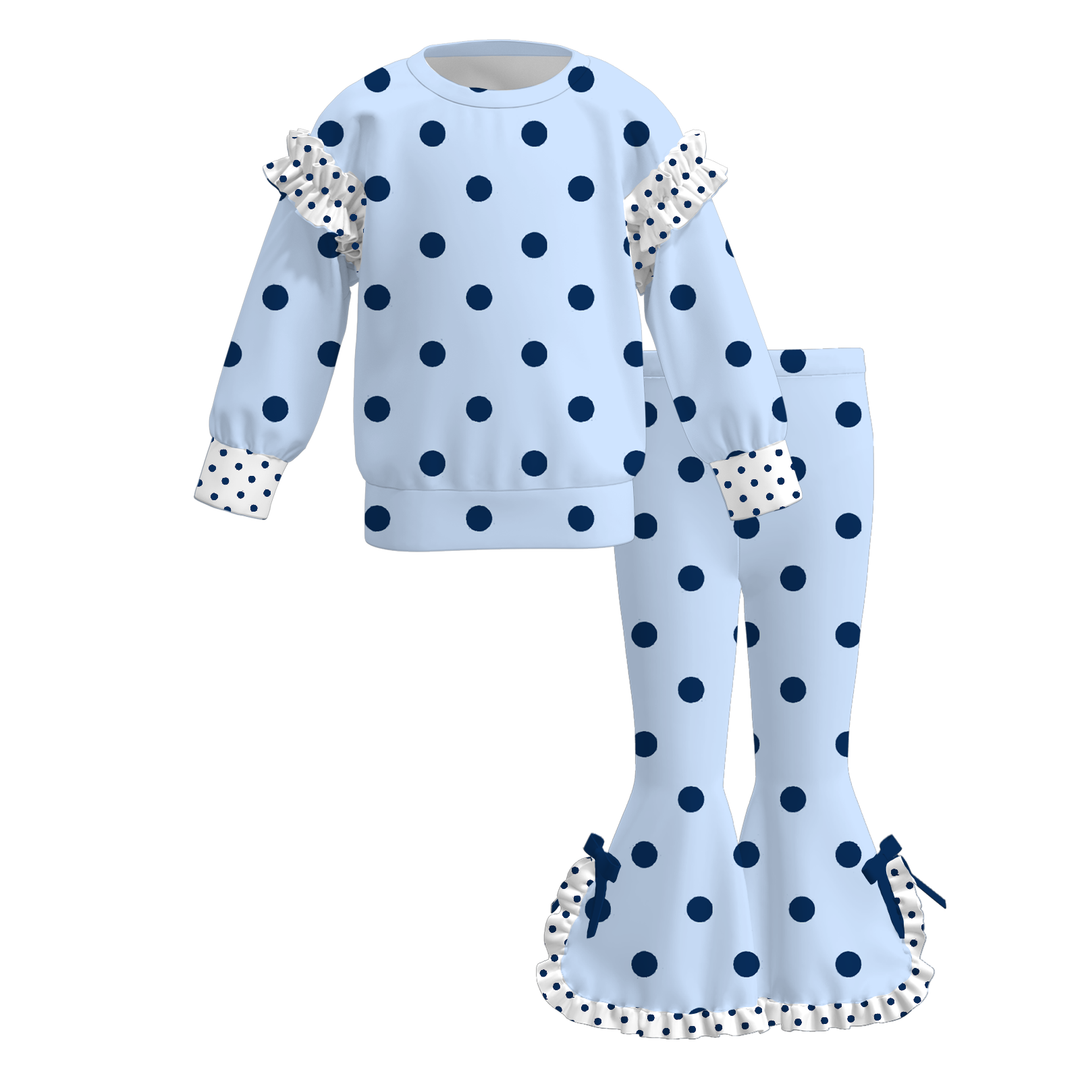 Girls' Polka-Dot Color-Block Ruffled Sweatshirt & Flare Bowknot Pants Set