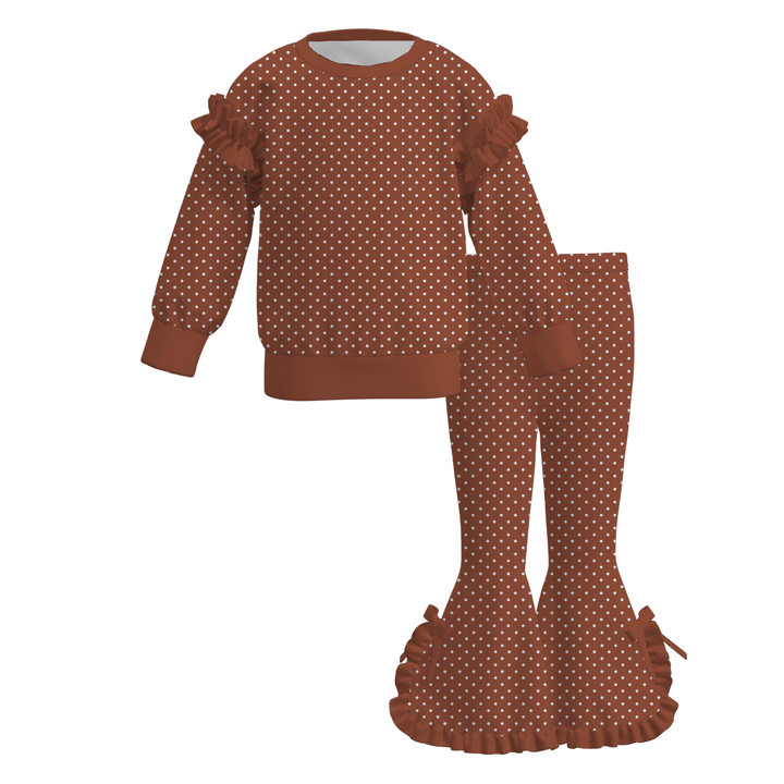 Girls Polka-dot Ruffle Long Sleeve Top & Flare Bowknot Pants Set