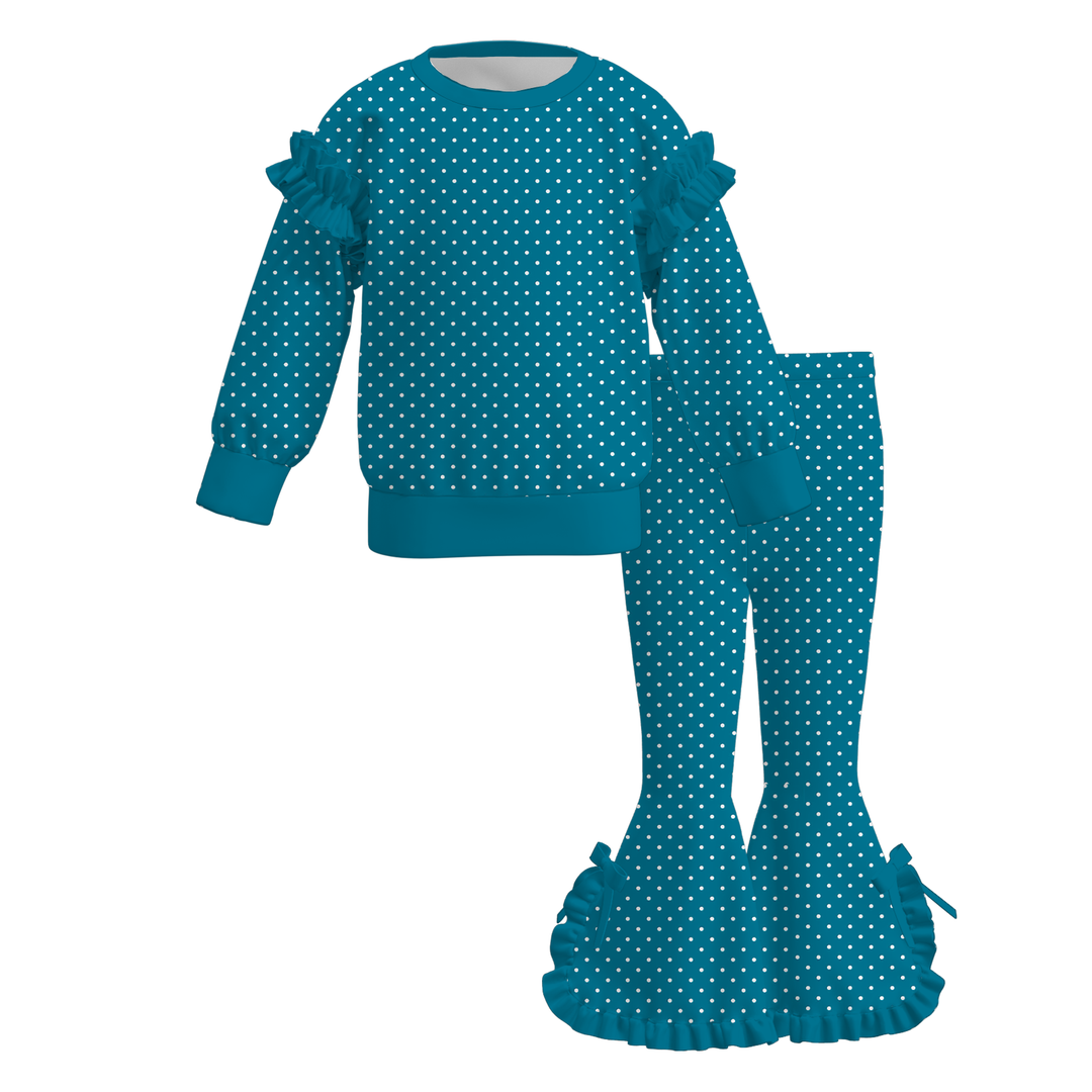 Girls Polka-dot Ruffle Long Sleeve Top & Flare Bowknot Pants Set