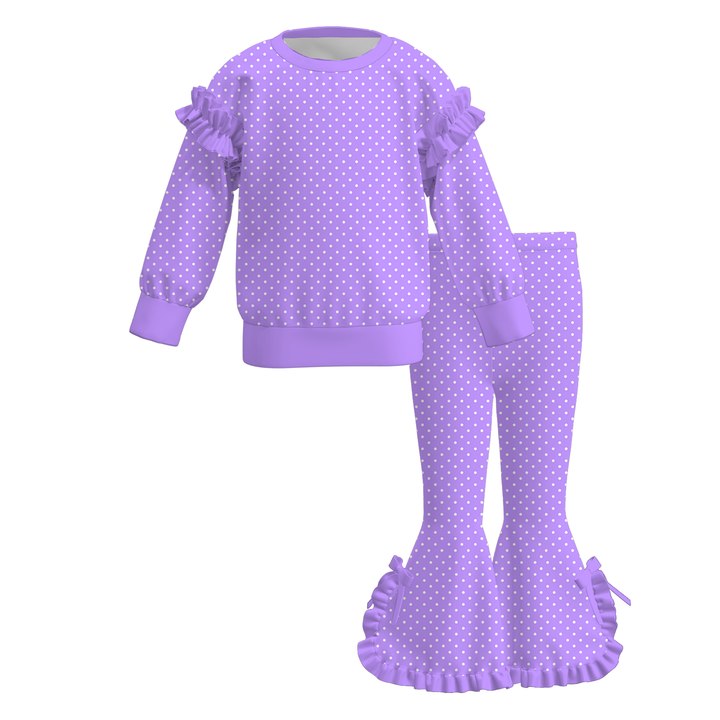 Girls Polka-dot Ruffle Long Sleeve Top & Flare Bowknot Pants Set