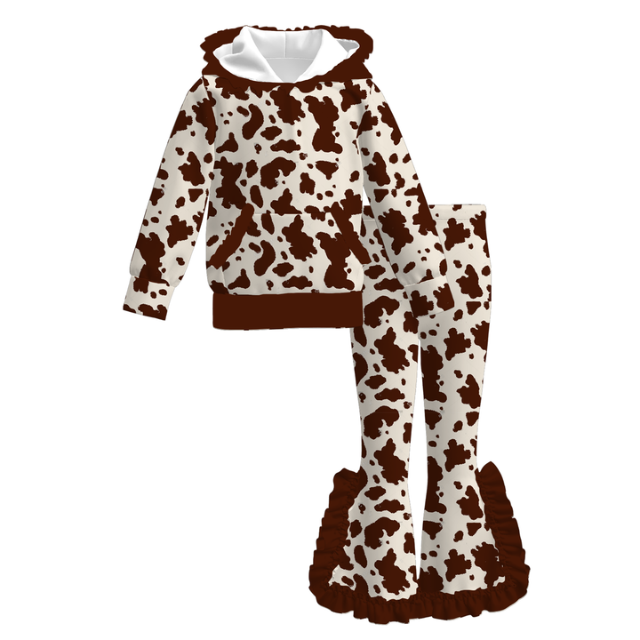 Girls Leopard Print Ruffle Hoodie & Flare Pants 2PCS Outfit Set