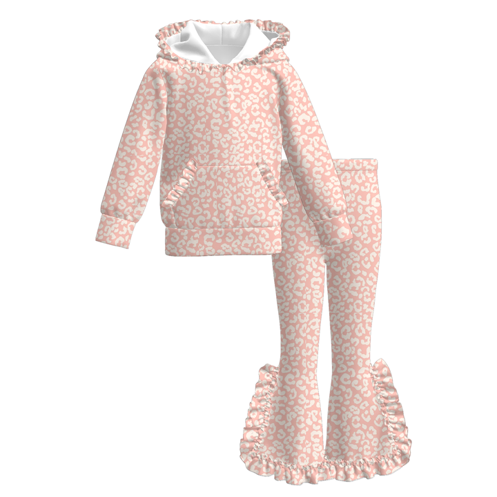 Girls Leopard Print Ruffle Hoodie & Flare Pants 2PCS Outfit Set