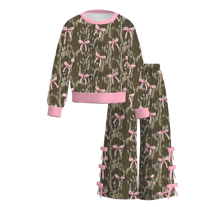 Girls Color-Block Sweatshirt & Wide Leg Bow Pants Set