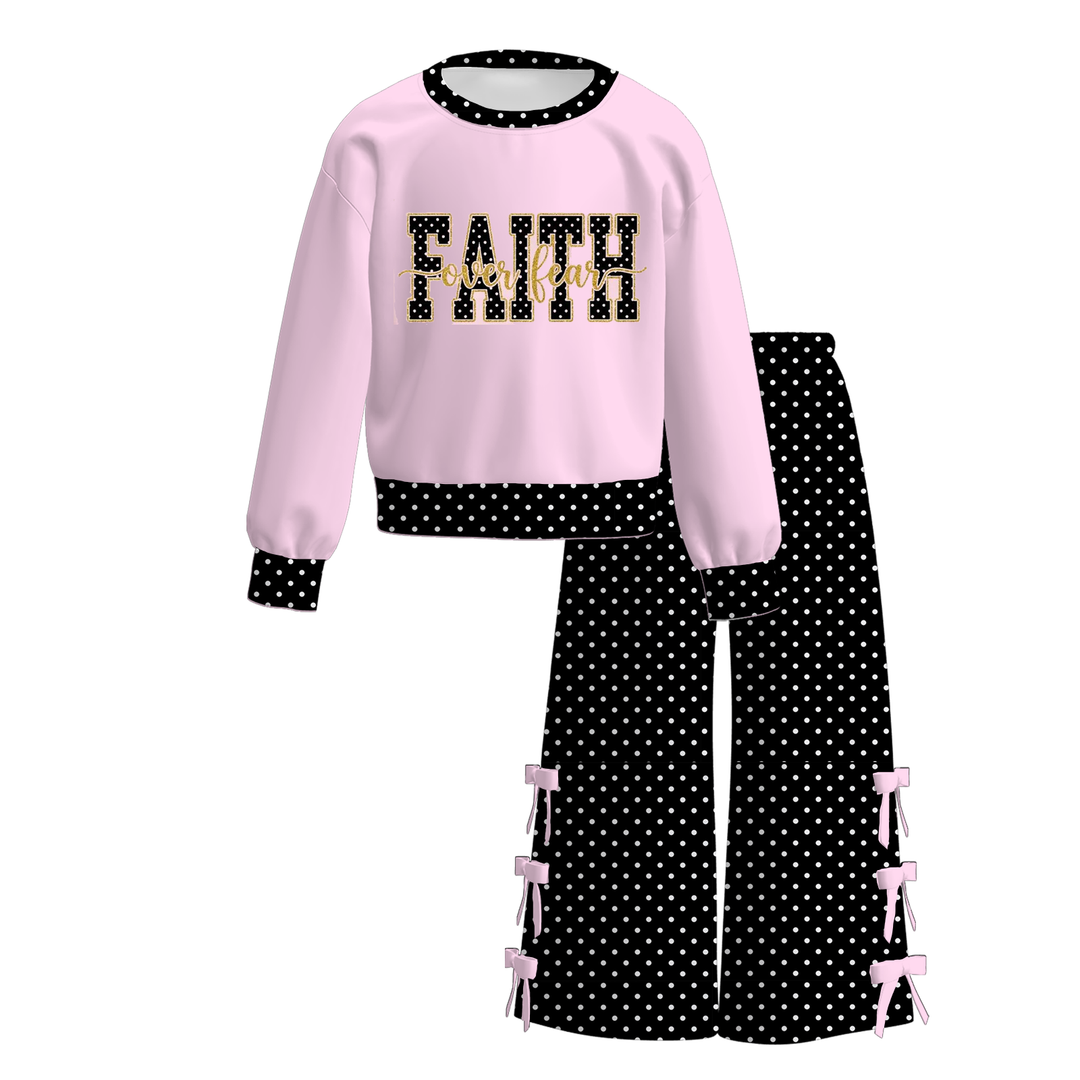 Girls Color-Block Sweatshirt & Wide Leg Bow Pants Set