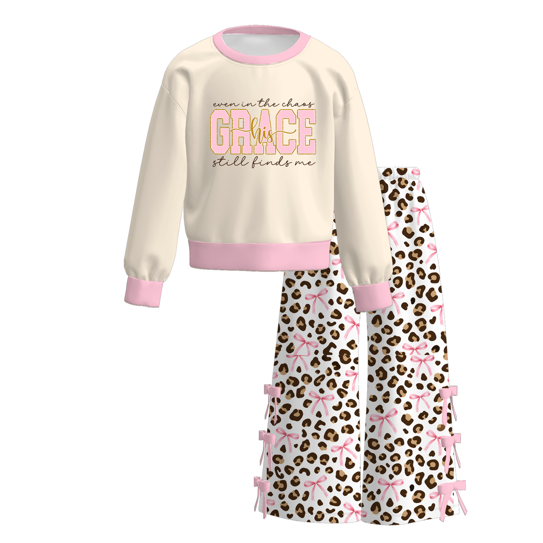 Girls Color-Block Sweatshirt & Wide Leg Bow Pants Set