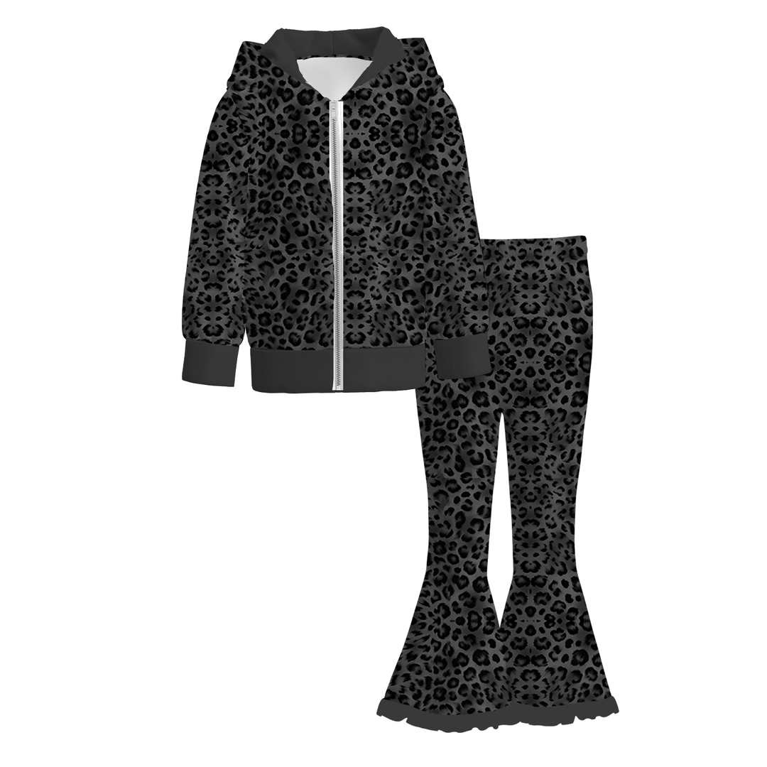 Girls Hooded Zip-Up Jacket& Ruffle Flare Pants 2PCS Set