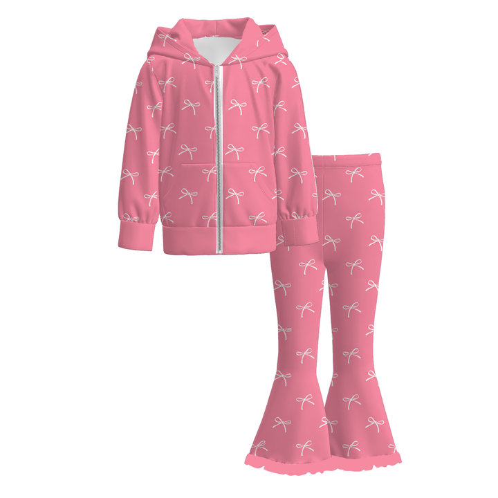 Girls Hooded Zip-Up Jacket& Ruffle Flare Pants 2PCS Set