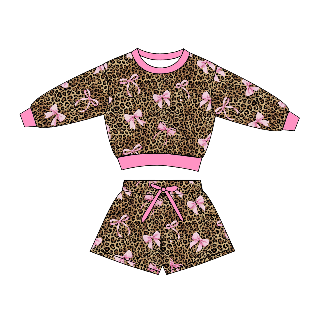 Girls Leopard and Bow Print Sweatshirt & Shorts 2PCS Set