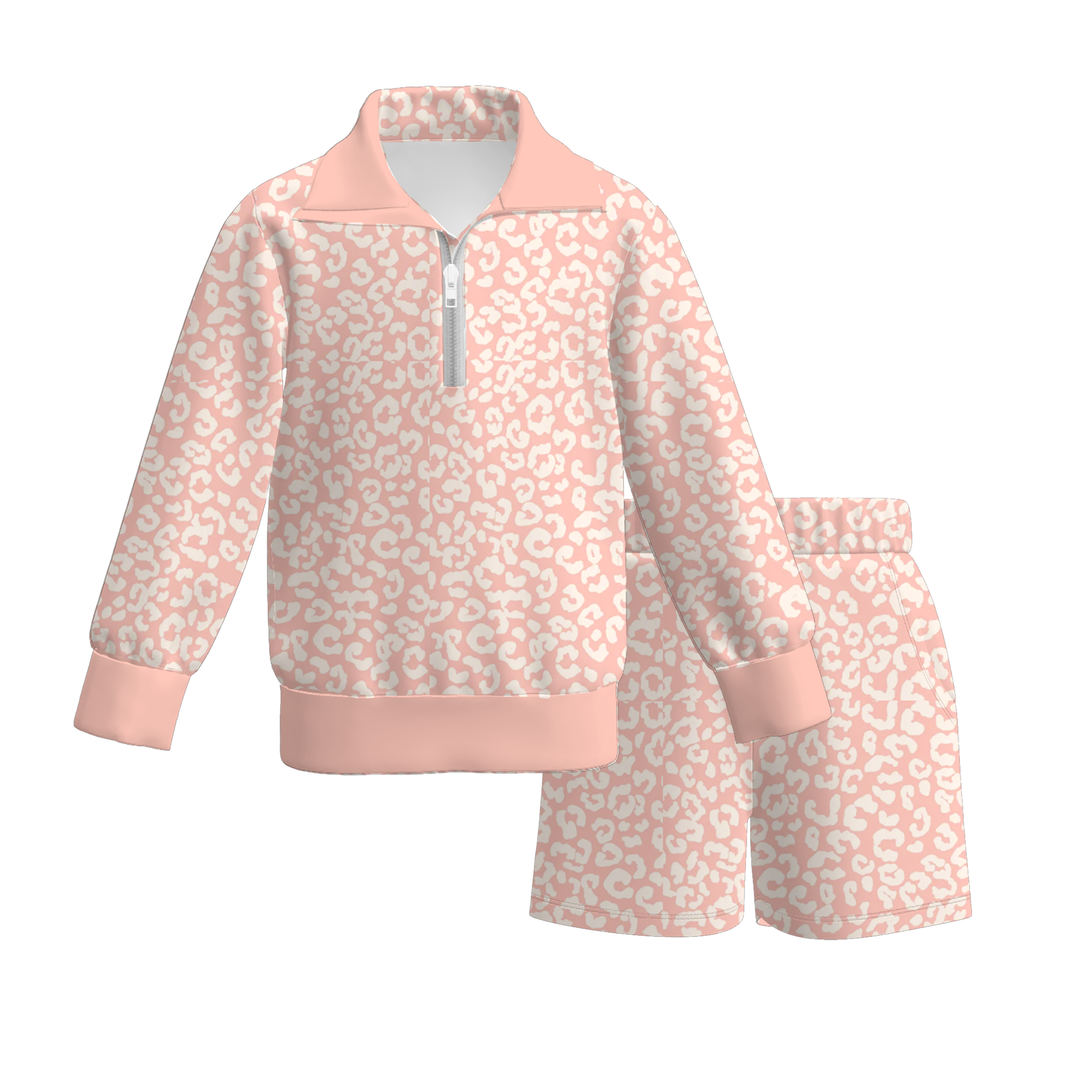 Girls Collared Half-Zip Top & Shorts 2PCS Activewear Set