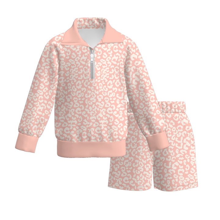 Girls Collared Half-Zip Top & Shorts 2PCS Activewear Set