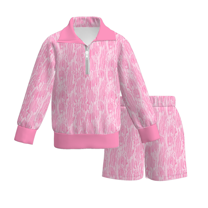 Girls Collared Half-Zip Top & Shorts 2PCS Activewear Set