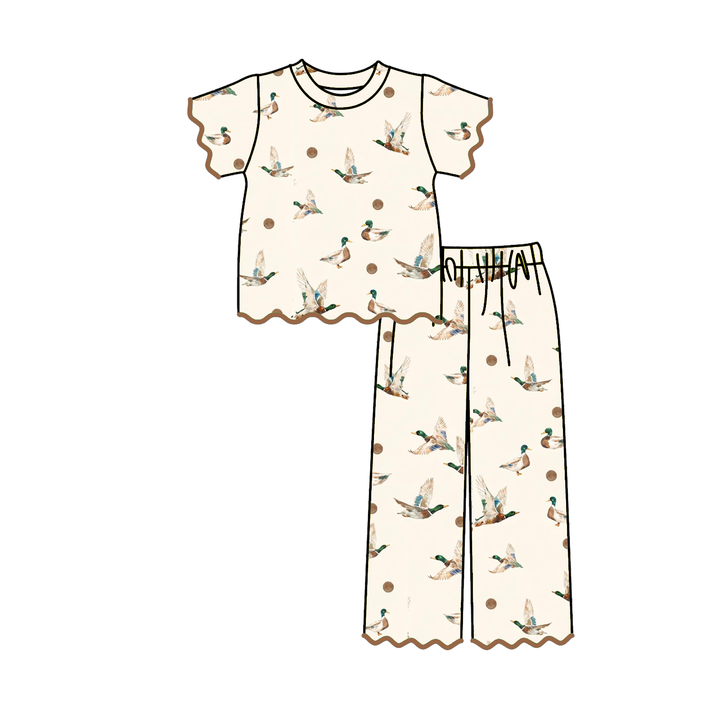 Girls Flying Duck Print Scalloped Ruffle Top & Pants Set