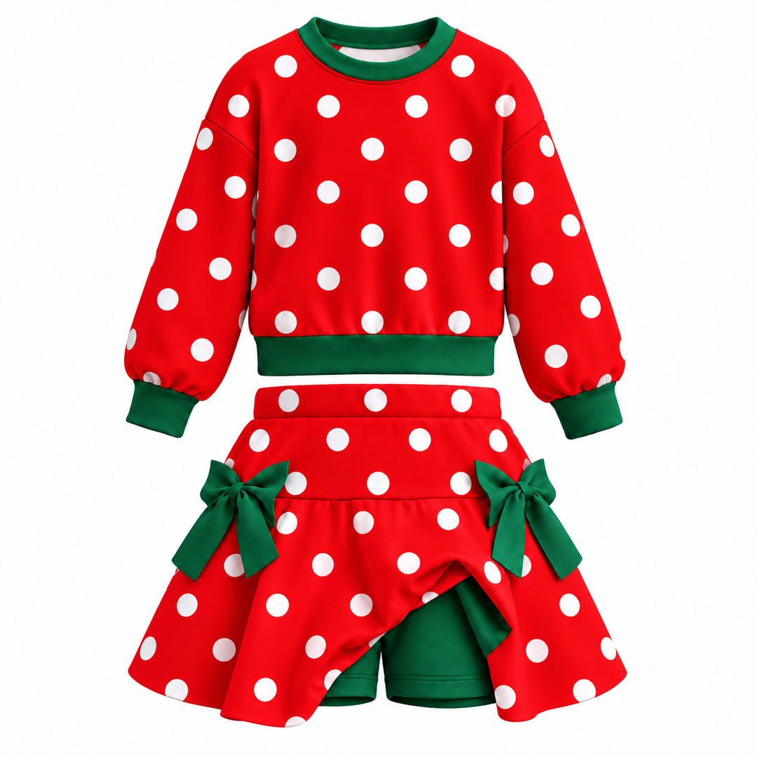 Girls Polka Dot Pullover Top &amp; Bow Skort Set Holiday Outfits