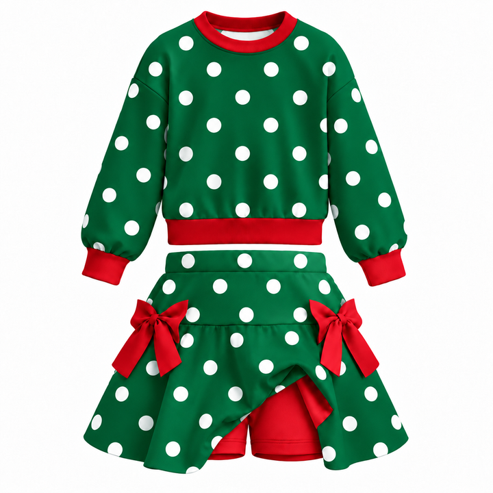 Girls Polka Dot Pullover Top &amp; Bow Skort Set Holiday Outfits