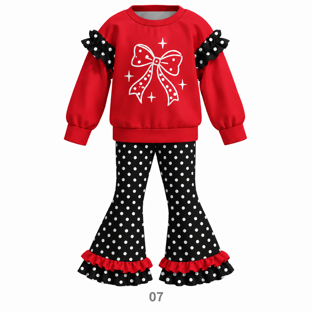 Girls Big Bow Graphic Sweatshirt and Ruffle Bell Bottom Pants Set