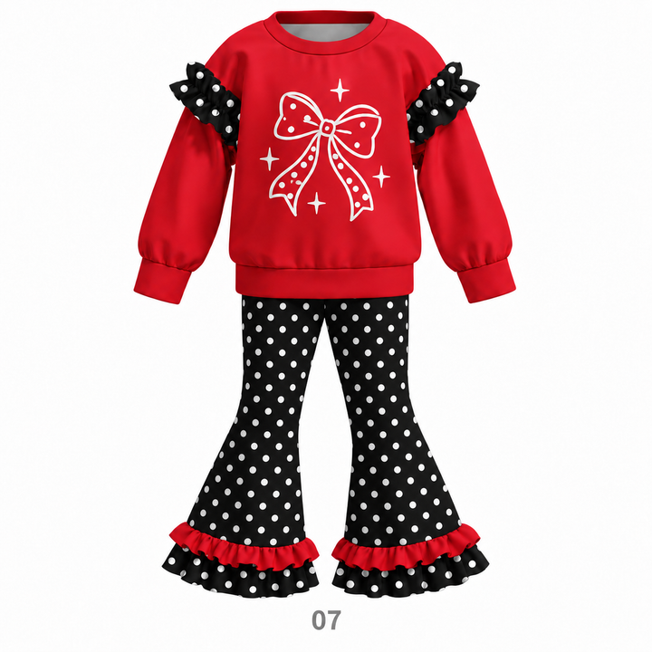 Girls Big Bow Graphic Sweatshirt and Ruffle Bell Bottom Pants Set