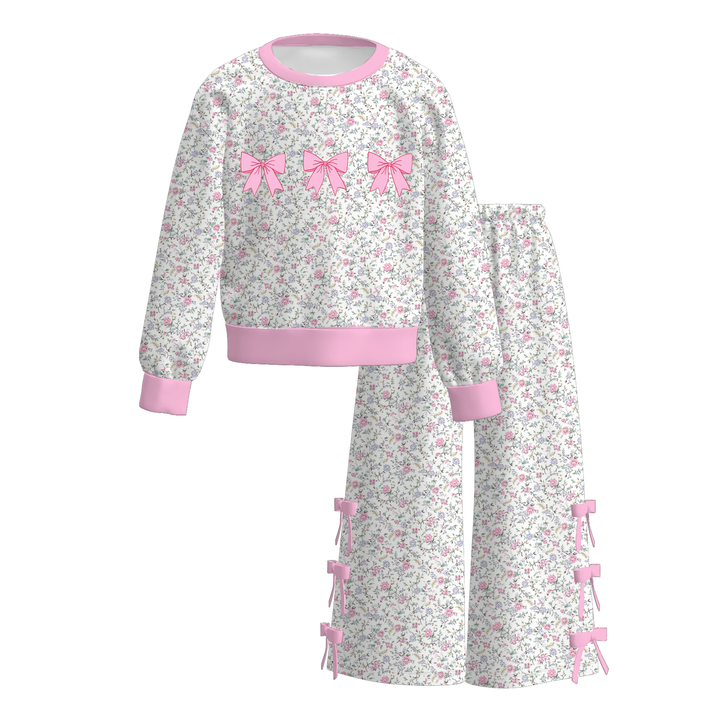 Girls Pullover Sweater&amp;Side Bow Wide Leg Pants Set
