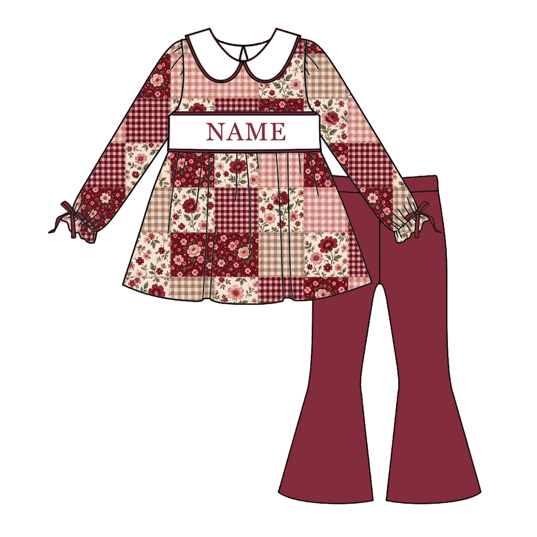 Personalized Embroidery Name Girls Burgundy Patchwork Romper Dress