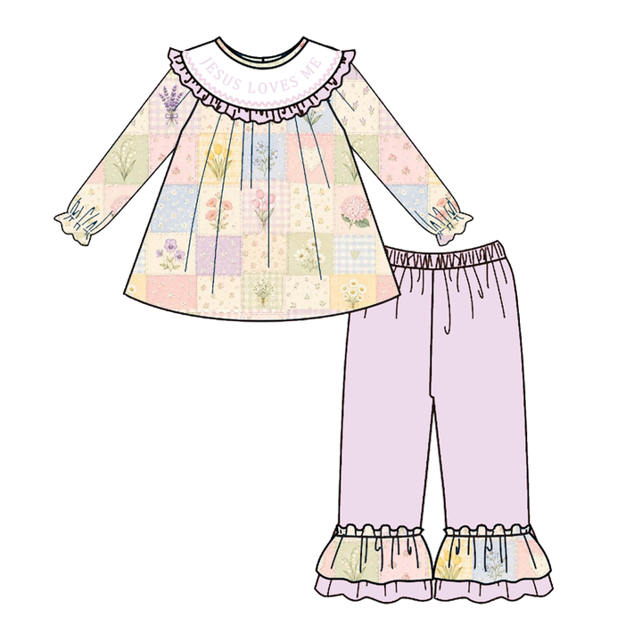 Personalized Name Baby Girls Pastel Patchwork Floral Sibling Outfits