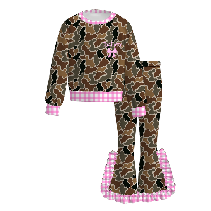 Personalized Girls Camo &amp; Leopard Print Ruffle Flare Pants Set