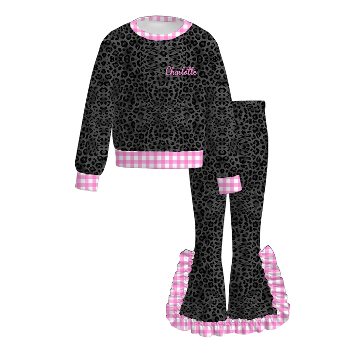 Personalized Girls Camo &amp; Leopard Print Ruffle Flare Pants Set