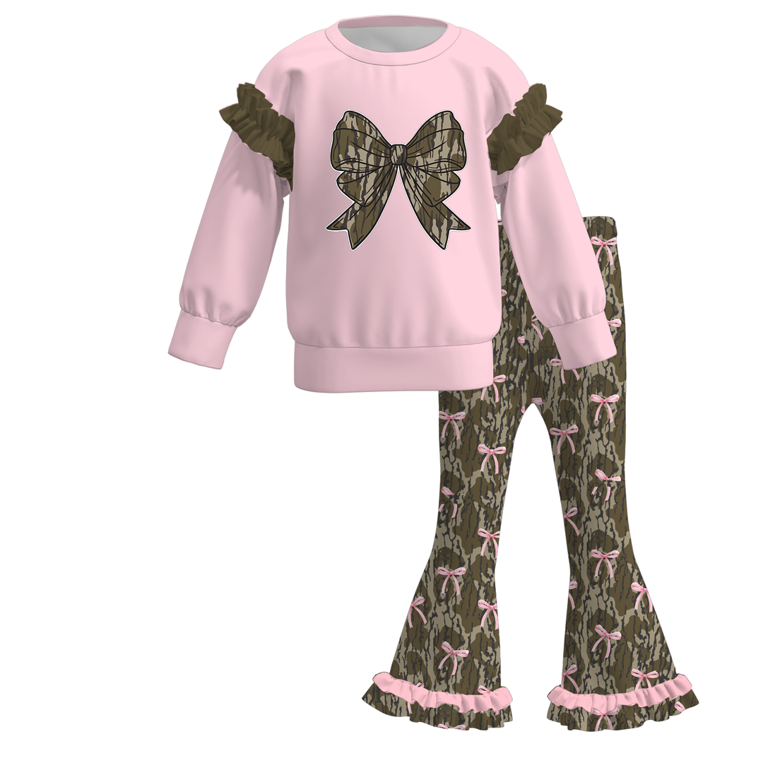 Girls Big Bow Graphic Sweatshirt and Ruffle Bell Bottom Pants Set