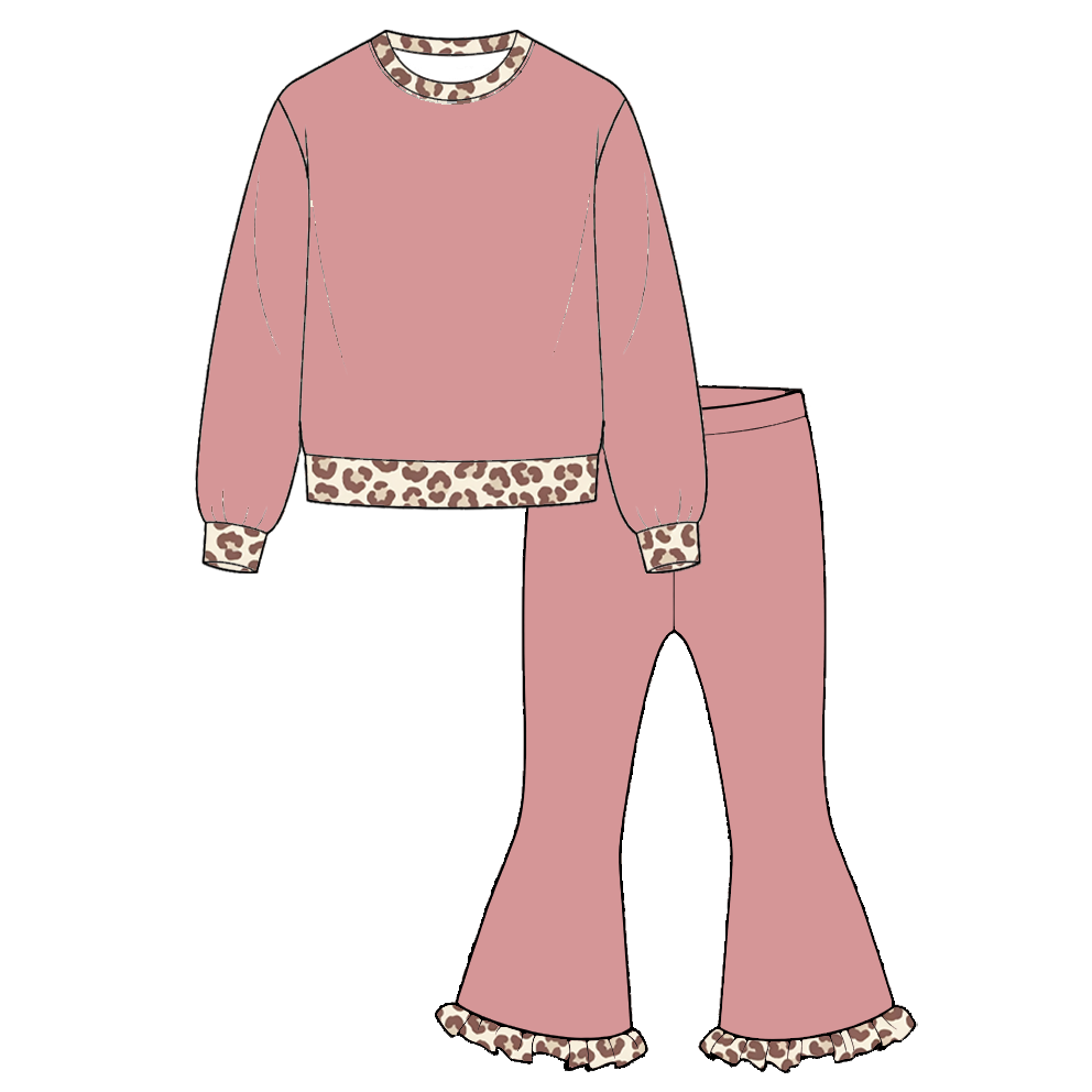 Girls Leopard &amp; Cow Print Pullover and Flared Pants 2Pcs Outfit