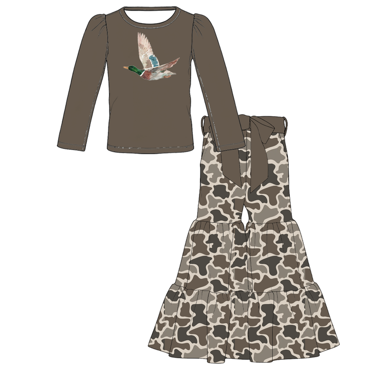 Girls Solid Top &amp; Tiered Ruffle Flare Bowknot Pants 2PCS Set