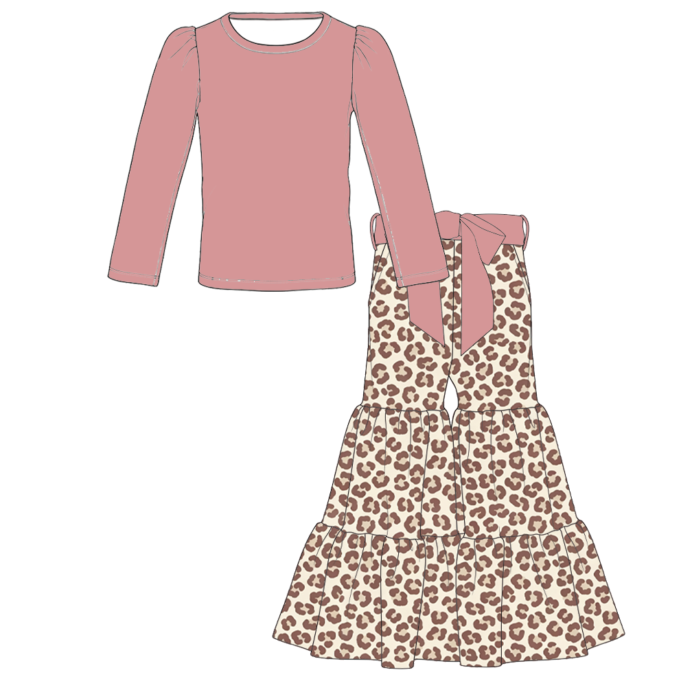 Girls Solid Top &amp; Tiered Ruffle Flare Bowknot Pants 2PCS Set