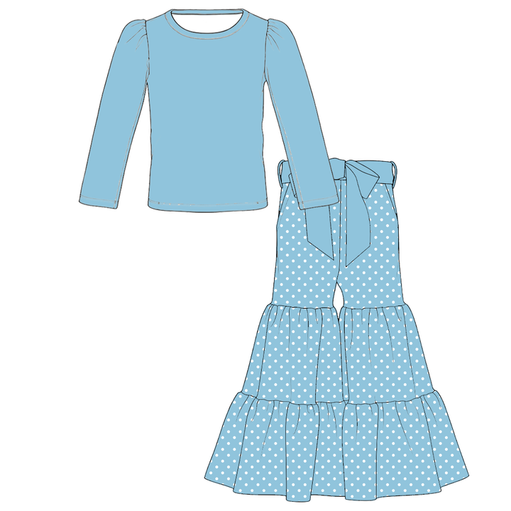 Girls Solid Top &amp; Tiered Ruffle Flare Bowknot Pants 2PCS Set
