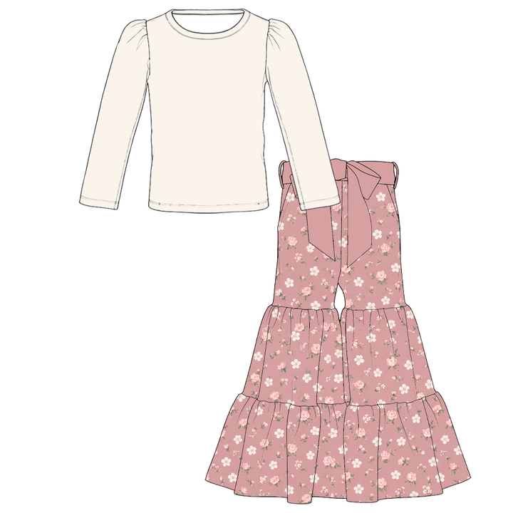 Girls Solid Top &amp; Tiered Ruffle Flare Bowknot Pants 2PCS Set