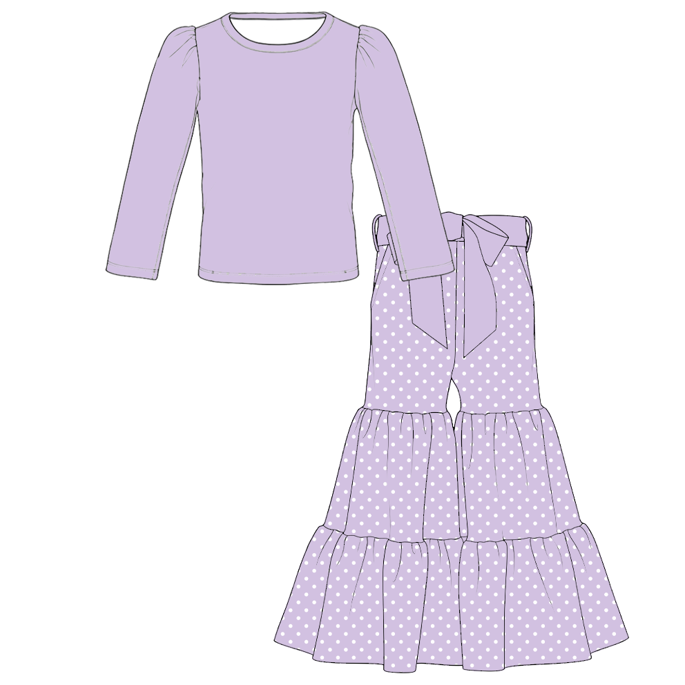 Girls Solid Top &amp; Tiered Ruffle Flare Bowknot Pants 2PCS Set