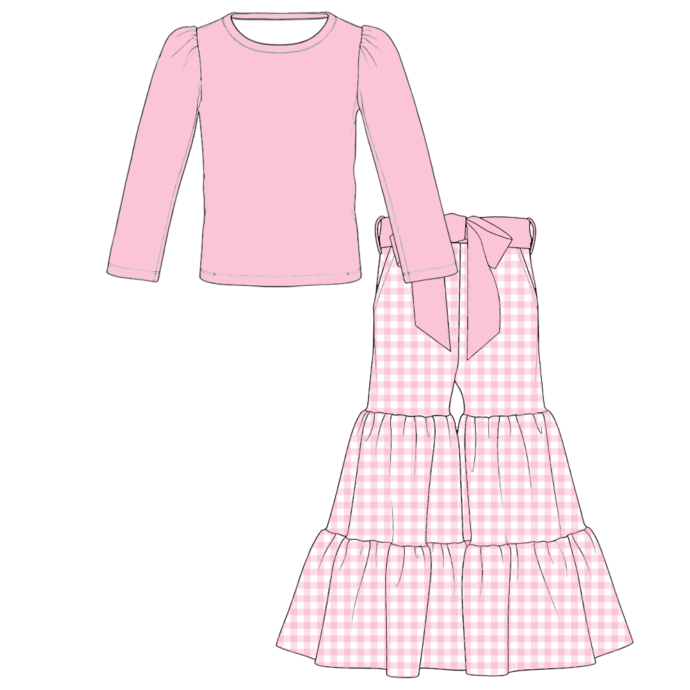 Girls Solid Top &amp; Tiered Ruffle Flare Bowknot Pants 2PCS Set