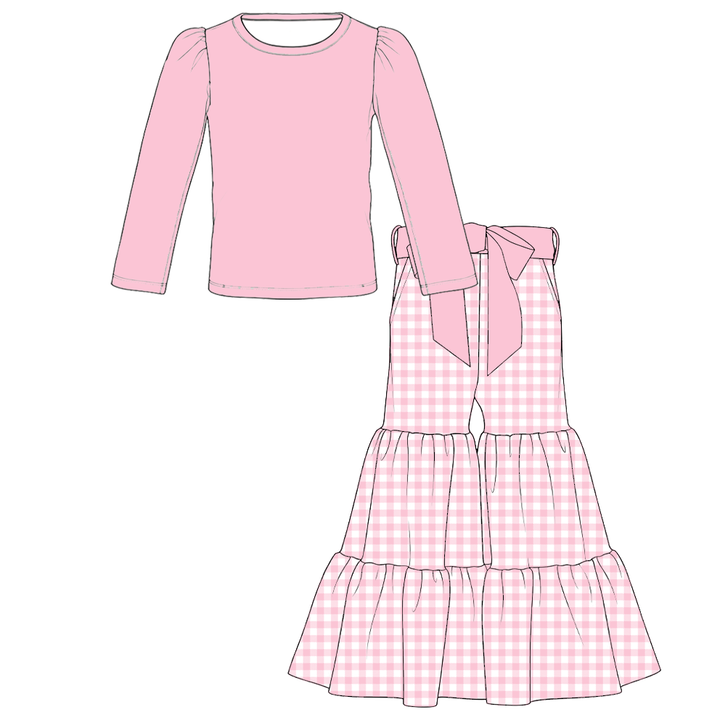 Girls Solid Top &amp; Tiered Ruffle Flare Bowknot Pants 2PCS Set