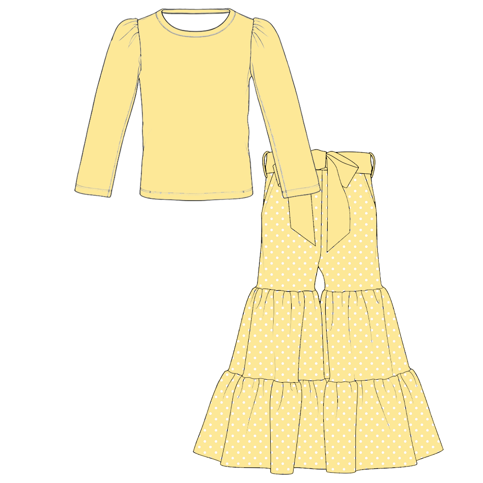 Girls Solid Top &amp; Tiered Ruffle Flare Bowknot Pants 2PCS Set